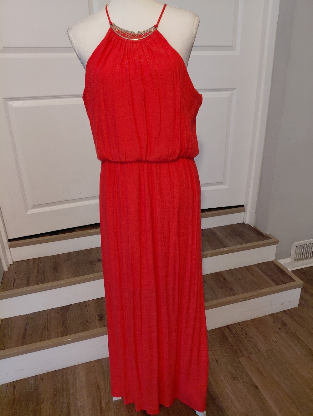 Lily Rose Coral Jewel Neckline Halter Maxi Juniors Stylist Formal Dress XL NWT